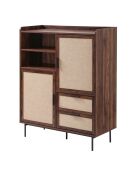 Aparador alto Jetson de 2 puertas, 2 cajones con frentes de madera oscura y tela beige, H.120 cm