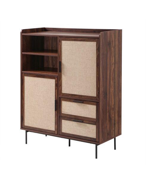 Aparador alto Jetson de 2 puertas, 2 cajones con frentes de madera oscura y tela beige, H.120 cm