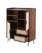 Aparador alto Jetson de 2 puertas, 2 cajones con frentes de madera oscura y tela beige, H.120 cm
