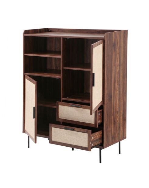 Aparador alto Jetson de 2 puertas, 2 cajones con frentes de madera oscura y tela beige, H.120 cm