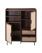 Aparador alto Jetson de 2 puertas, 2 cajones con frentes de madera oscura y tela beige, H.120 cm