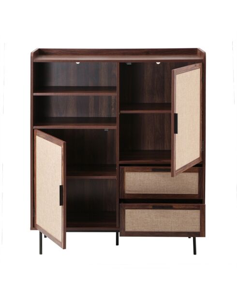 Aparador alto Jetson de 2 puertas, 2 cajones con frentes de madera oscura y tela beige, H.120 cm