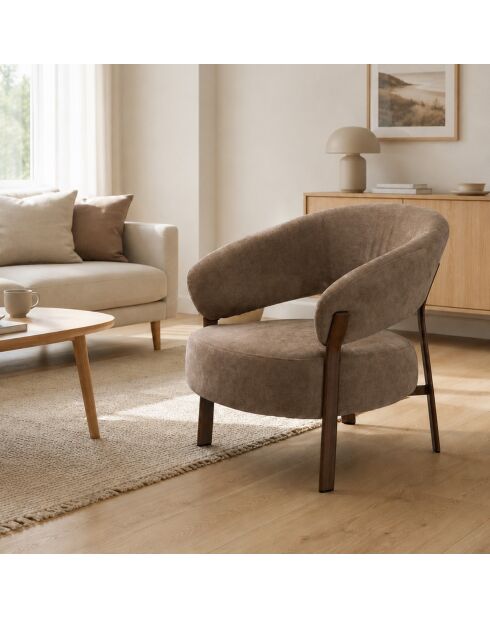 Fauteuil Liv en tissu beige et pieds métal effet noyer - L.78 cm
