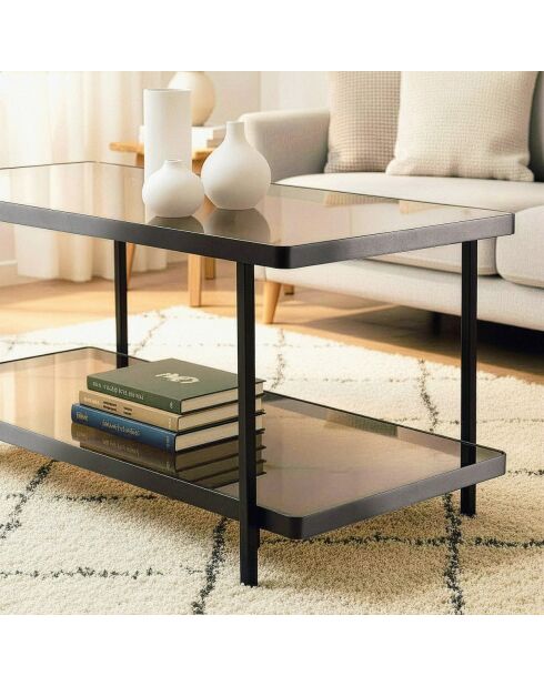 Table basse Ora en métal noir et plateaux en verre fumé - L.100 cm