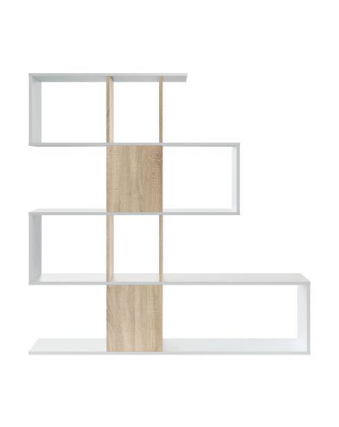 Zickzack-Bücherregal mit 4 Ebenen und 11 Ablagefächern aus weißem und hellem Holz - H.145 cm