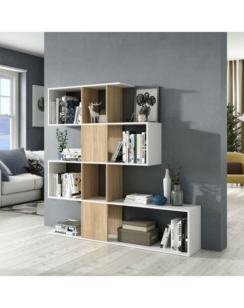 Zickzack-Bücherregal mit 4 Ebenen und 11 Ablagefächern aus weißem und hellem Holz - H.145 cm