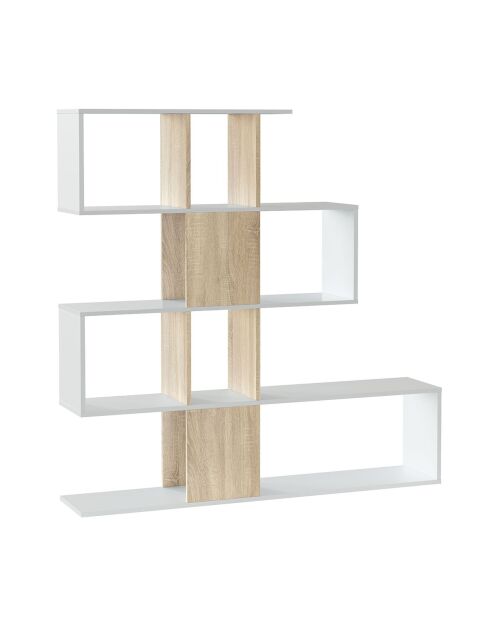 Libreria Zigzag con 4 livelli e 11 vani portaoggetti in legno bianco e chiaro - H.145 cm