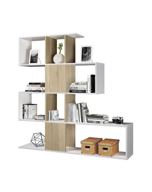 Zickzack-Bücherregal mit 4 Ebenen und 11 Ablagefächern aus weißem und hellem Holz - H.145 cm