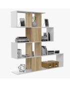 Libreria Zigzag con 4 livelli e 11 vani portaoggetti in legno bianco e chiaro - H.145 cm