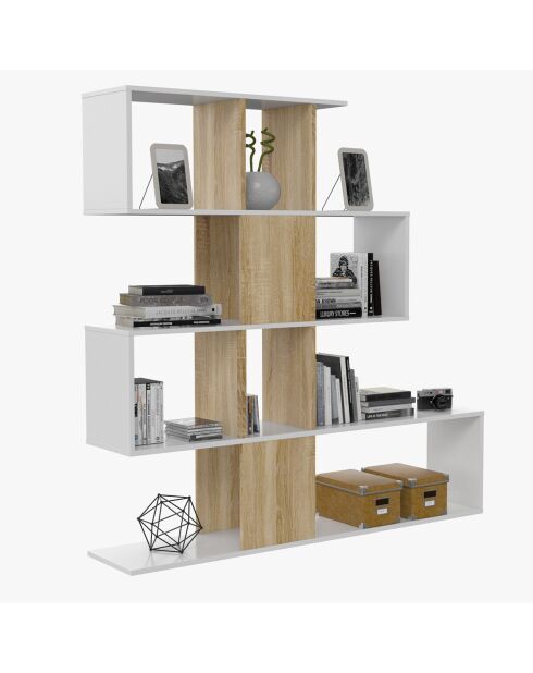 Zickzack-Bücherregal mit 4 Ebenen und 11 Ablagefächern aus weißem und hellem Holz - H.145 cm