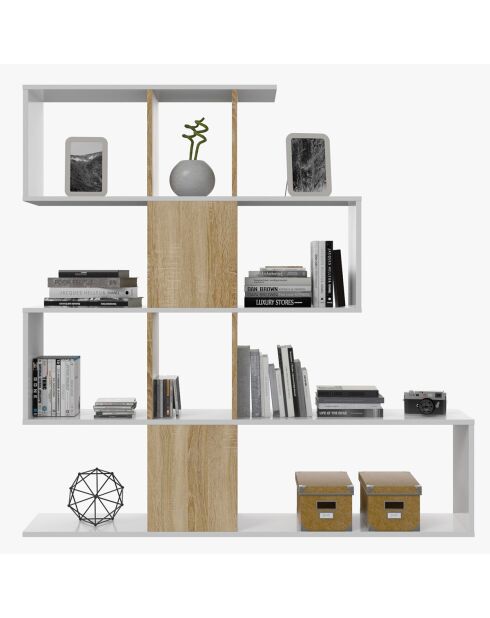 Zickzack-Bücherregal mit 4 Ebenen und 11 Ablagefächern aus weißem und hellem Holz - H.145 cm