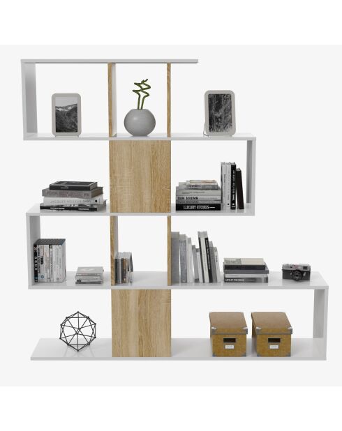 Zickzack-Bücherregal mit 4 Ebenen und 11 Ablagefächern aus weißem und hellem Holz - H.145 cm