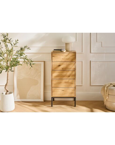 Cassettiera Lenny a 5 cassetti con gambe in metallo nei colori legno chiaro e nero - H.100 cm