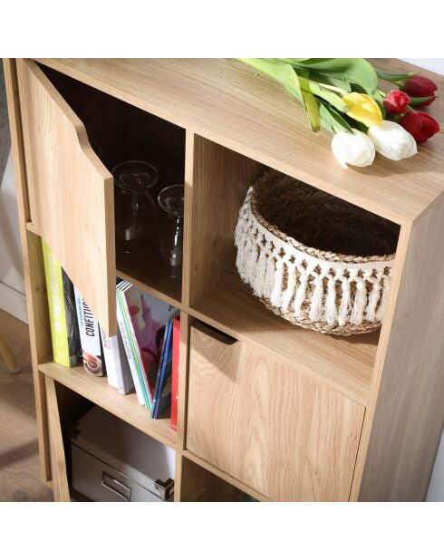 Modu kast met 6 vakken met drie deuren, lichtbruin houten decor