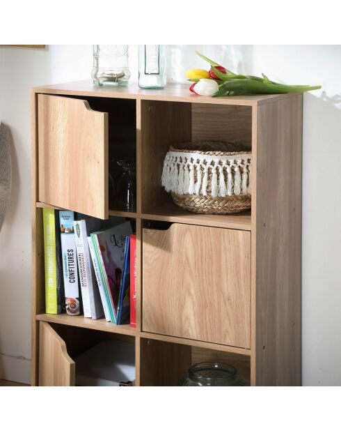 Modu kast met 6 vakken met drie deuren, lichtbruin houten decor