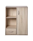Estante de almacenamiento con 2 compartimentos con 1 cajón y 1 armario con decoración de madera clara, 61,5 cm de longitud