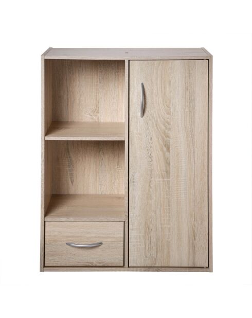 Estante de almacenamiento con 2 compartimentos con 1 cajón y 1 armario con decoración de madera clara, 61,5 cm de longitud
