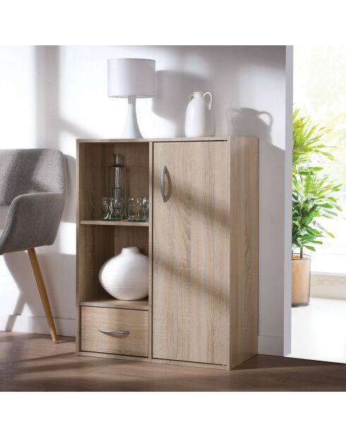 Estante de almacenamiento con 2 compartimentos con 1 cajón y 1 armario con decoración de madera clara, 61,5 cm de longitud