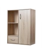 Estante de almacenamiento con 2 compartimentos con 1 cajón y 1 armario con decoración de madera clara, 61,5 cm de longitud