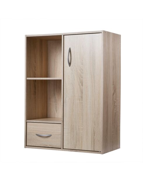 Estante de almacenamiento con 2 compartimentos con 1 cajón y 1 armario con decoración de madera clara, 61,5 cm de longitud