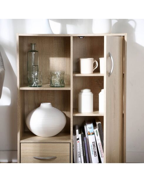 Estante de almacenamiento con 2 compartimentos con 1 cajón y 1 armario con decoración de madera clara, 61,5 cm de longitud