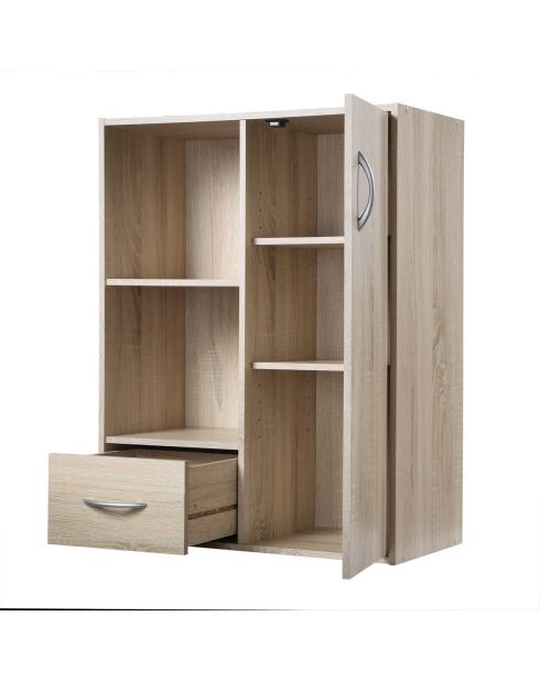 Estante de almacenamiento con 2 compartimentos con 1 cajón y 1 armario con decoración de madera clara, 61,5 cm de longitud