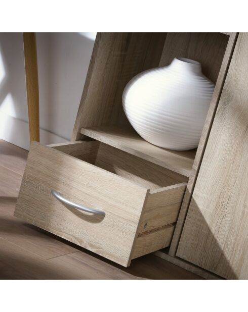 Estante de almacenamiento con 2 compartimentos con 1 cajón y 1 armario con decoración de madera clara, 61,5 cm de longitud