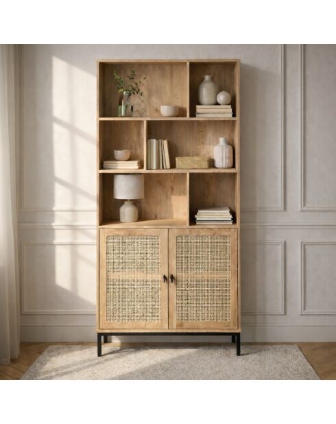 Bücherregal Jaya mit 6 Fächern und 2 Türen aus natürlichem Rattan - H.175 cm
