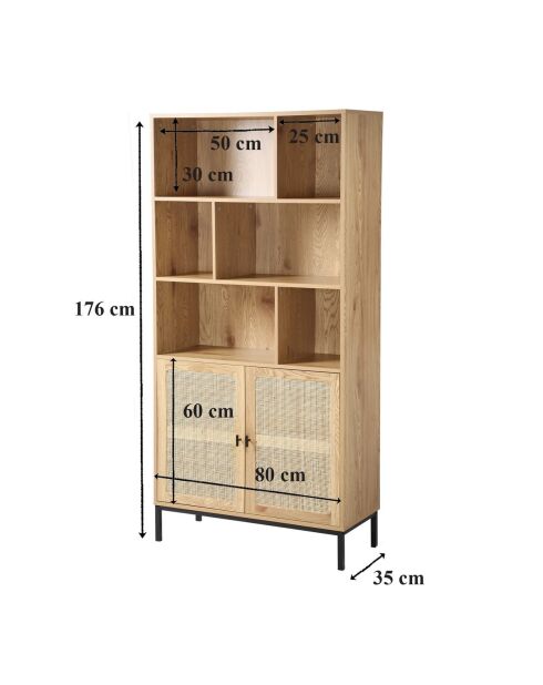 Bücherregal Jaya mit 6 Fächern und 2 Türen aus natürlichem Rattan - H.175 cm