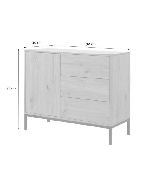 Cómoda Lenny de 1 puerta y 3 cajones, decoración de roble, 90 cm de largo x 80 cm de alto