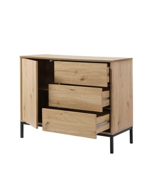 Cómoda Lenny de 1 puerta y 3 cajones, decoración de roble, 90 cm de largo x 80 cm de alto