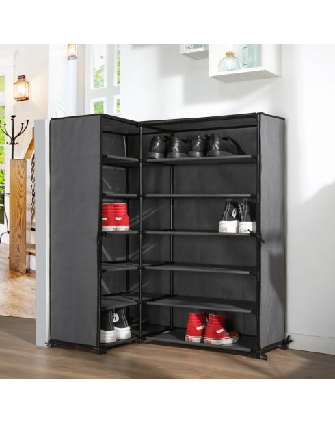 Eckschuhschrank aus Vlies und Metall in den Farben Dunkelgrau und Schwarz - H.107 cm