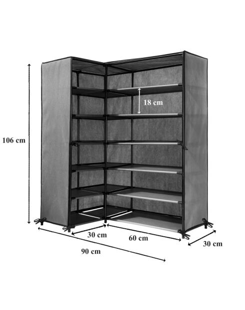 Eckschuhschrank aus Vlies und Metall in den Farben Dunkelgrau und Schwarz - H.107 cm