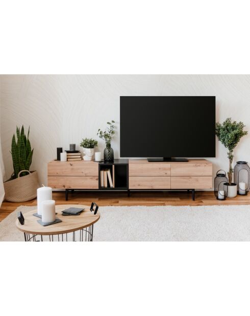 Nola TV-Ständer 3 Türen 2 Nischen hellbraune und schwarze Holzfarben - L.195 cm