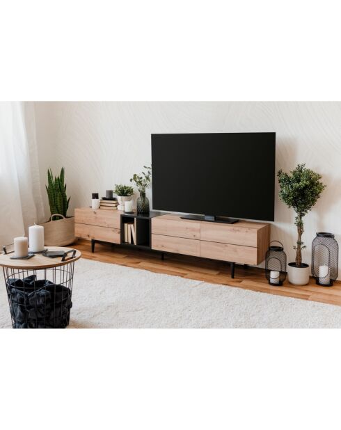 Nola TV-Ständer 3 Türen 2 Nischen hellbraune und schwarze Holzfarben - L.195 cm