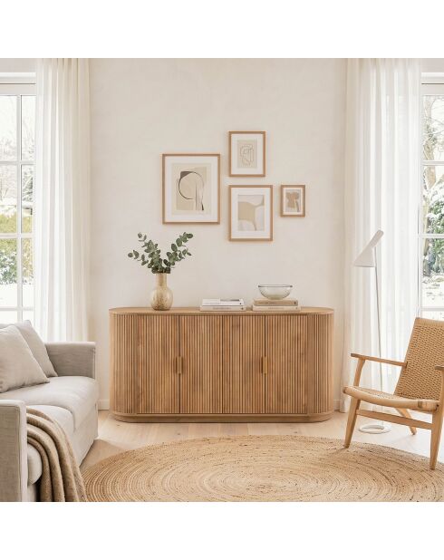 Aparador Achille con 4 puertas efecto roble, fachadas de lamas redondeadas - L.160 cm