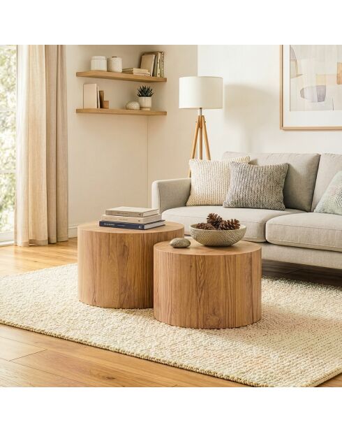 Lot de 2 tables basses Maia rondes empilables décor bois clair