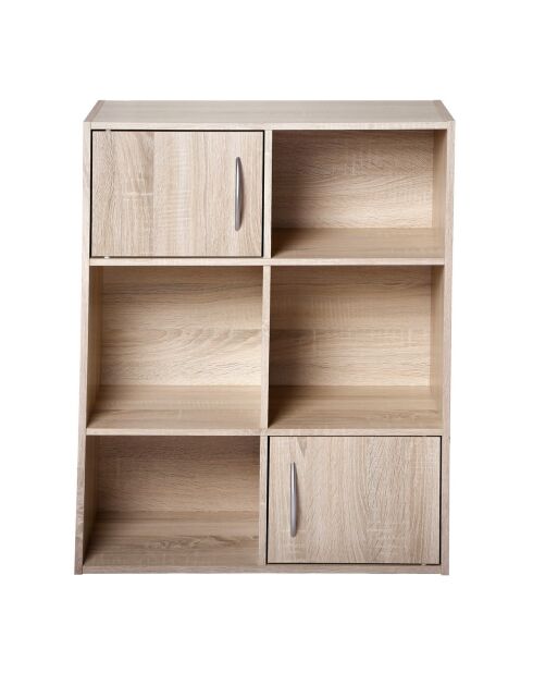 Estante de almacenamiento con 6 compartimentos, 2 puertas, decoración de madera clara