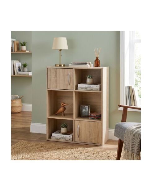 Estante de almacenamiento con 6 compartimentos, 2 puertas, decoración de madera clara
