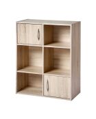 Estante de almacenamiento con 6 compartimentos, 2 puertas, decoración de madera clara
