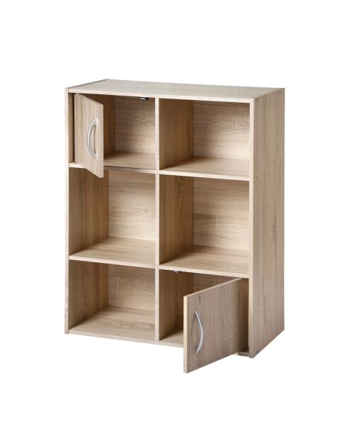 Estante de almacenamiento con 6 compartimentos, 2 puertas, decoración de madera clara