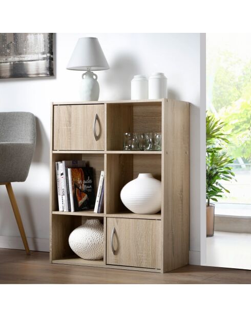 Estante de almacenamiento con 6 compartimentos, 2 puertas, decoración de madera clara