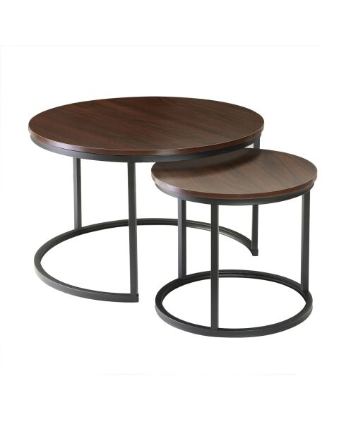 Lot de 2 tables basses Lenny gigognes rondes coloris bois foncé et noir - L.70 cm