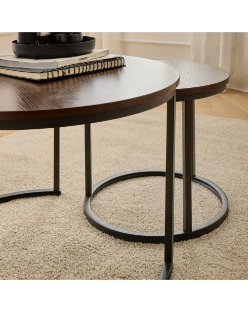 Lot de 2 tables basses Lenny gigognes rondes coloris bois foncé et noir - L.70 cm