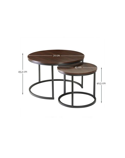 Lot de 2 tables basses Lenny gigognes rondes coloris bois foncé et noir - L.70 cm
