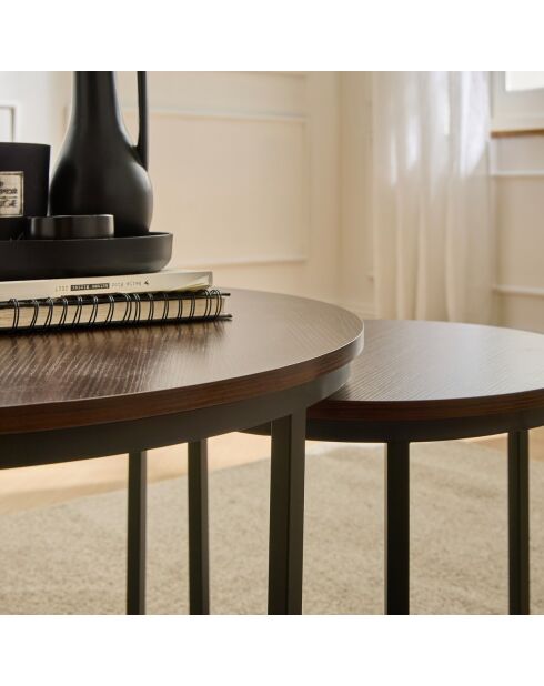 Lot de 2 tables basses Lenny gigognes rondes coloris bois foncé et noir - L.70 cm