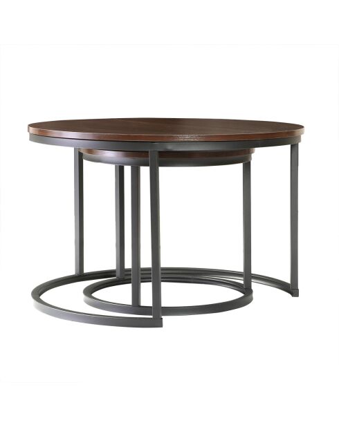 Lot de 2 tables basses Lenny gigognes rondes coloris bois foncé et noir - L.70 cm