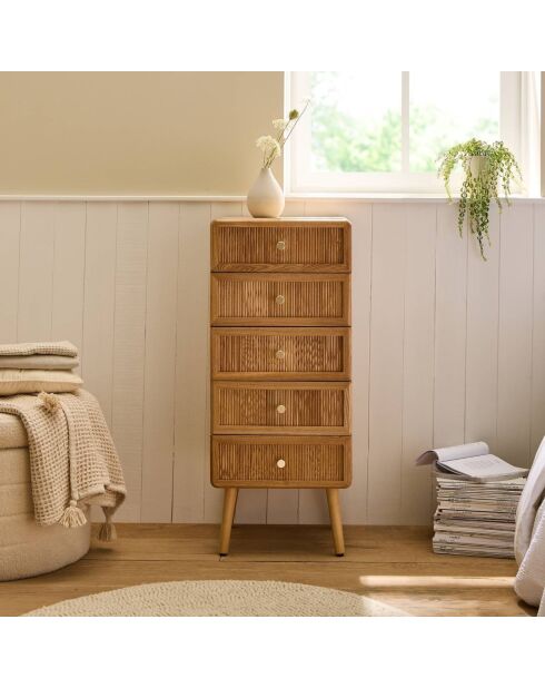 Cómoda Ava con 5 cajones con frentes laminados con decoración de madera marrón claro, H.100 cm