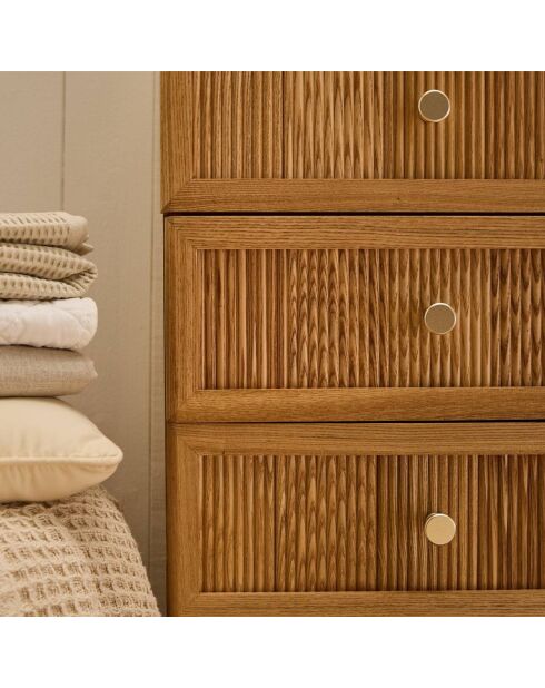 Cómoda Ava con 5 cajones con frentes laminados con decoración de madera marrón claro, H.100 cm