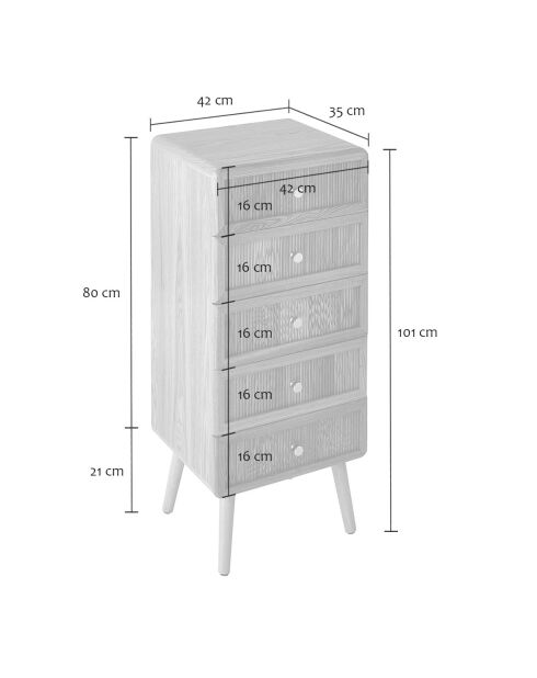 Cómoda Ava con 5 cajones con frentes laminados con decoración de madera marrón claro, H.100 cm